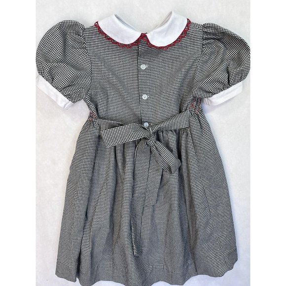 Baby Togs Smocked Dress Black Check Red Trim Girls 5 Puff Sleeve - Picture 8 of 9